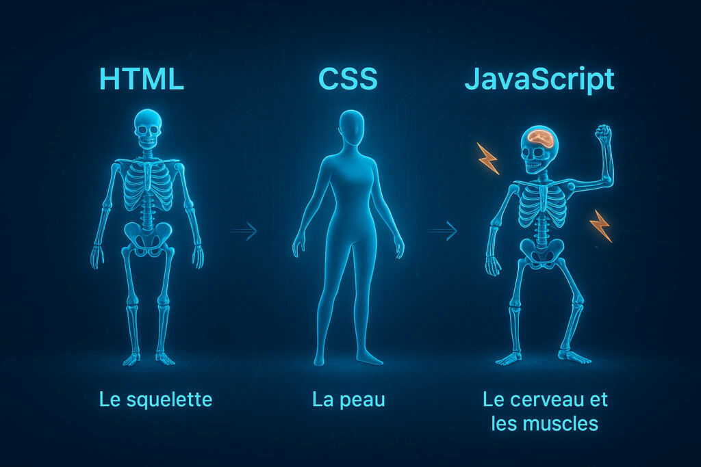 Illustration prenant la forme d'un squelette faisant la distinction entre HTML, CSS et Javascript