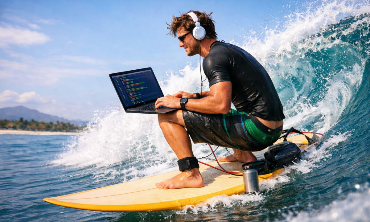 Développeur web accroupi sur une planche de surf en train de coder