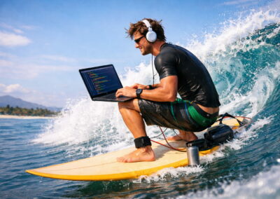 Développeur web accroupi sur une planche de surf en train de coder