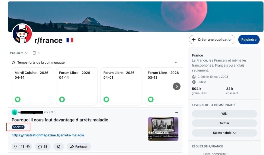 Flair de publication sous le titre d'une publication Reddit