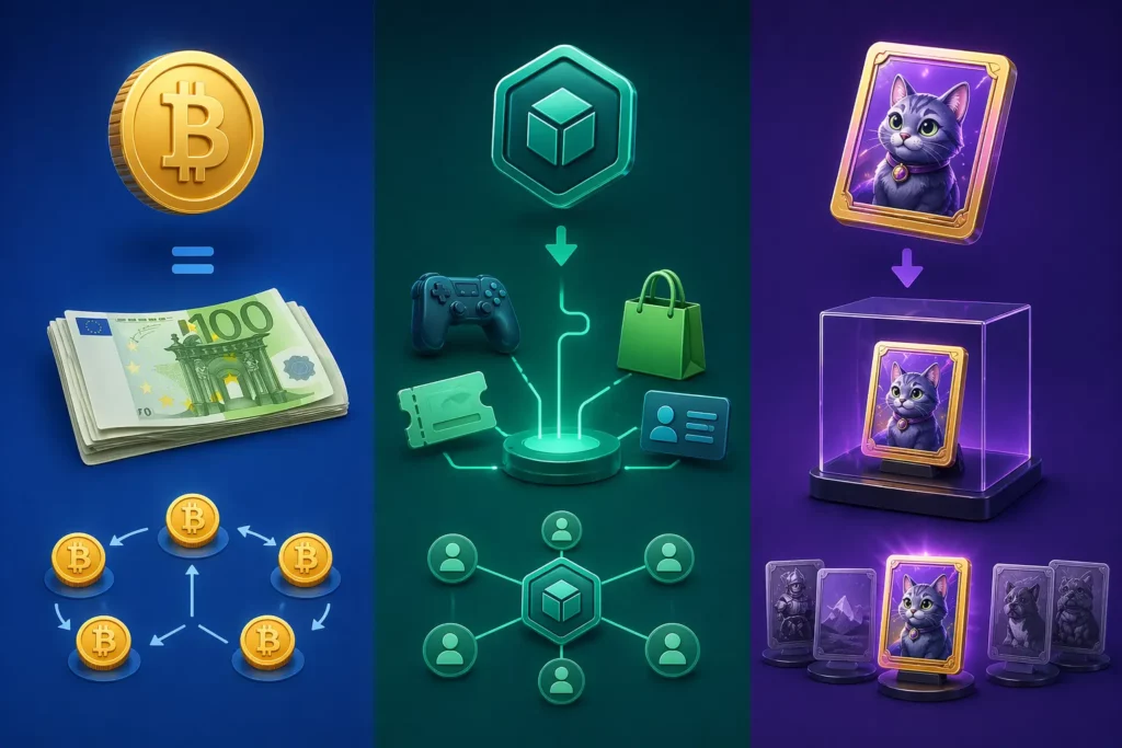 différences entre crypto, token et nft