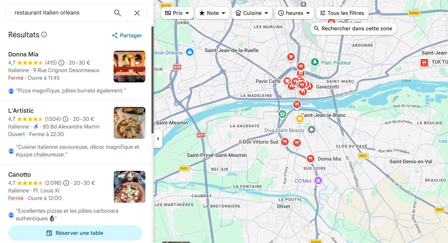 Affichage d'une carte de Google Maps indiquant les restaurants italiens dans le centre d'Orléans et ses alentours